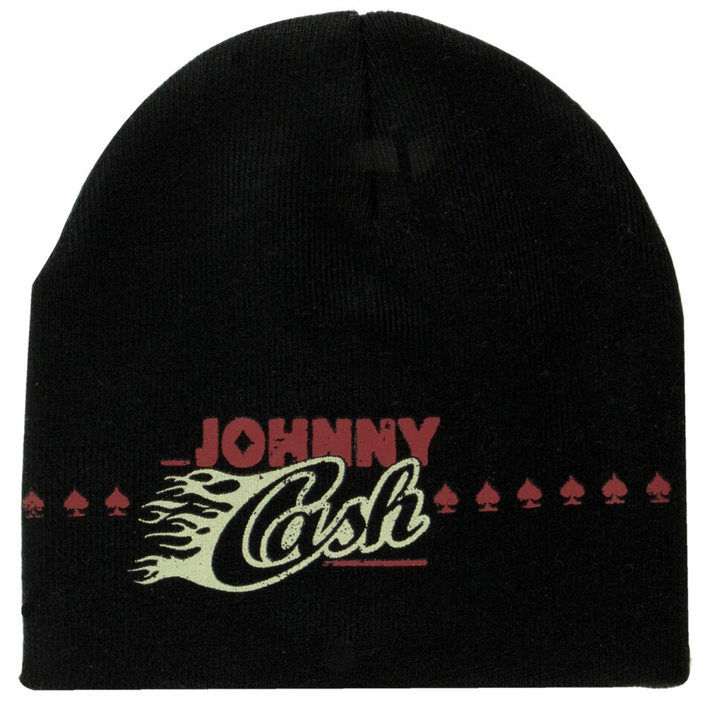 Johnny Cash - Flaming Logo Spades Black Knit Hat Beanie