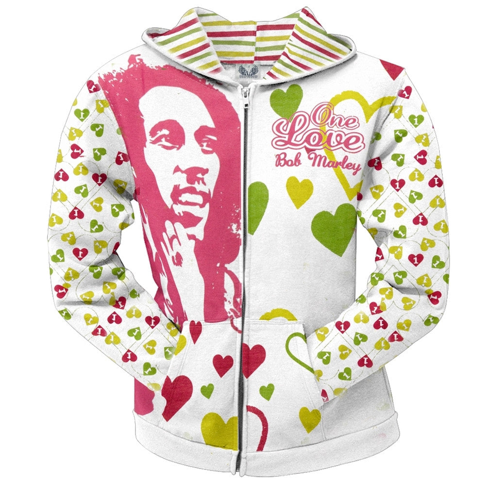 Bob Marley One Love Hearts All Over Juniors Zip Hoodie