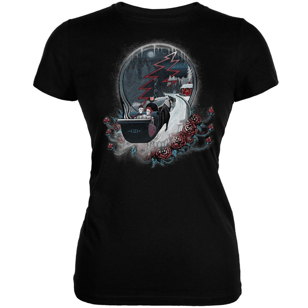 Grateful Dead - Christmas Winter Skeleton Sleigh Steal Your Face Juniors Black T-Shirt